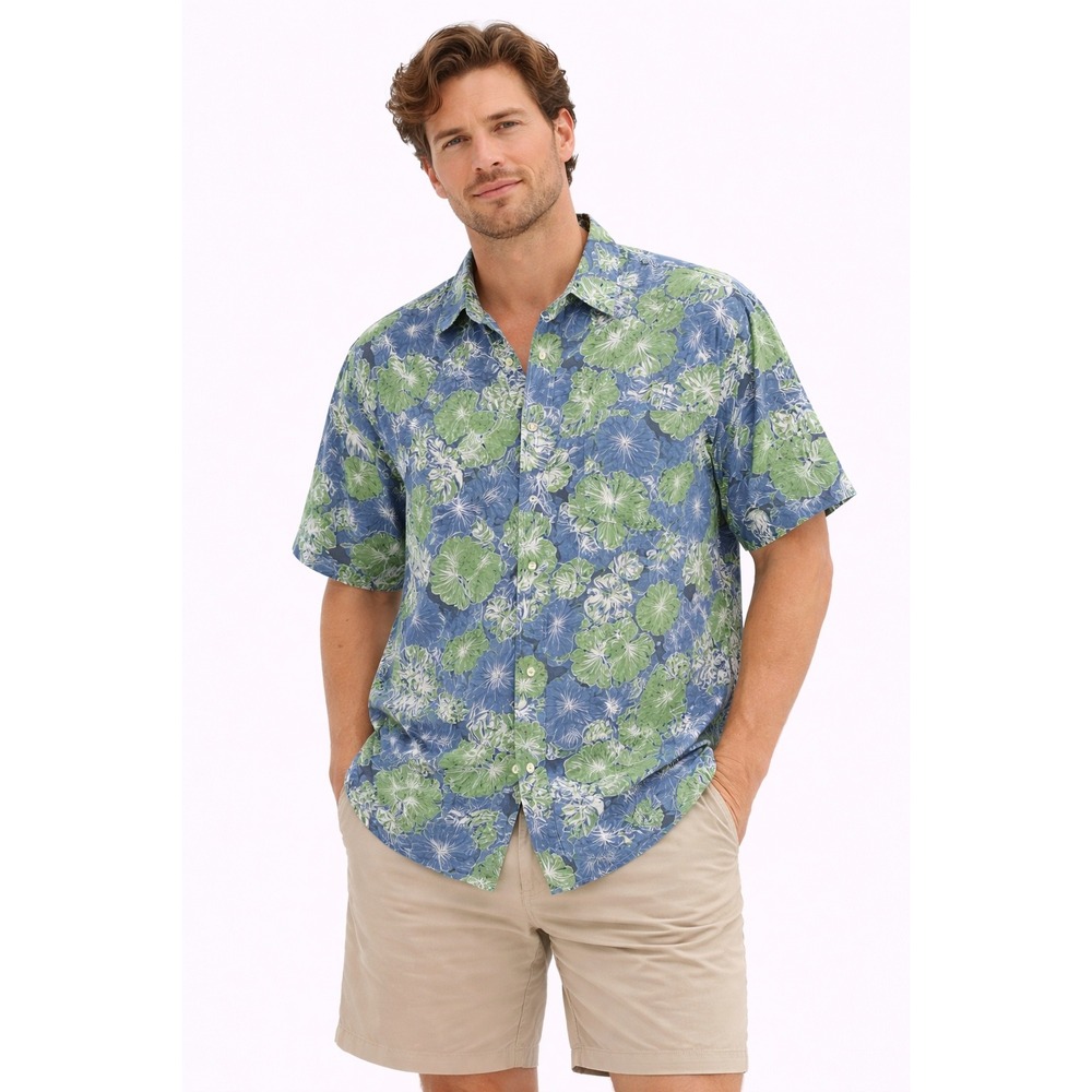 Caribbean Blues Button Down Mens XL Green Blue Hibiscus Floral Rayon Aloha Shirt